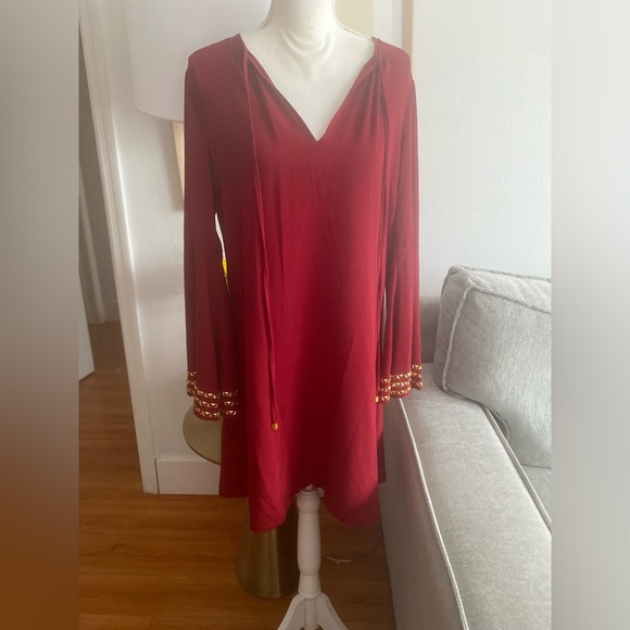Michael Kors Red Golden Boho Studs Holiday Flowy Tunic Mini Dress size M - Picture 5 of 16